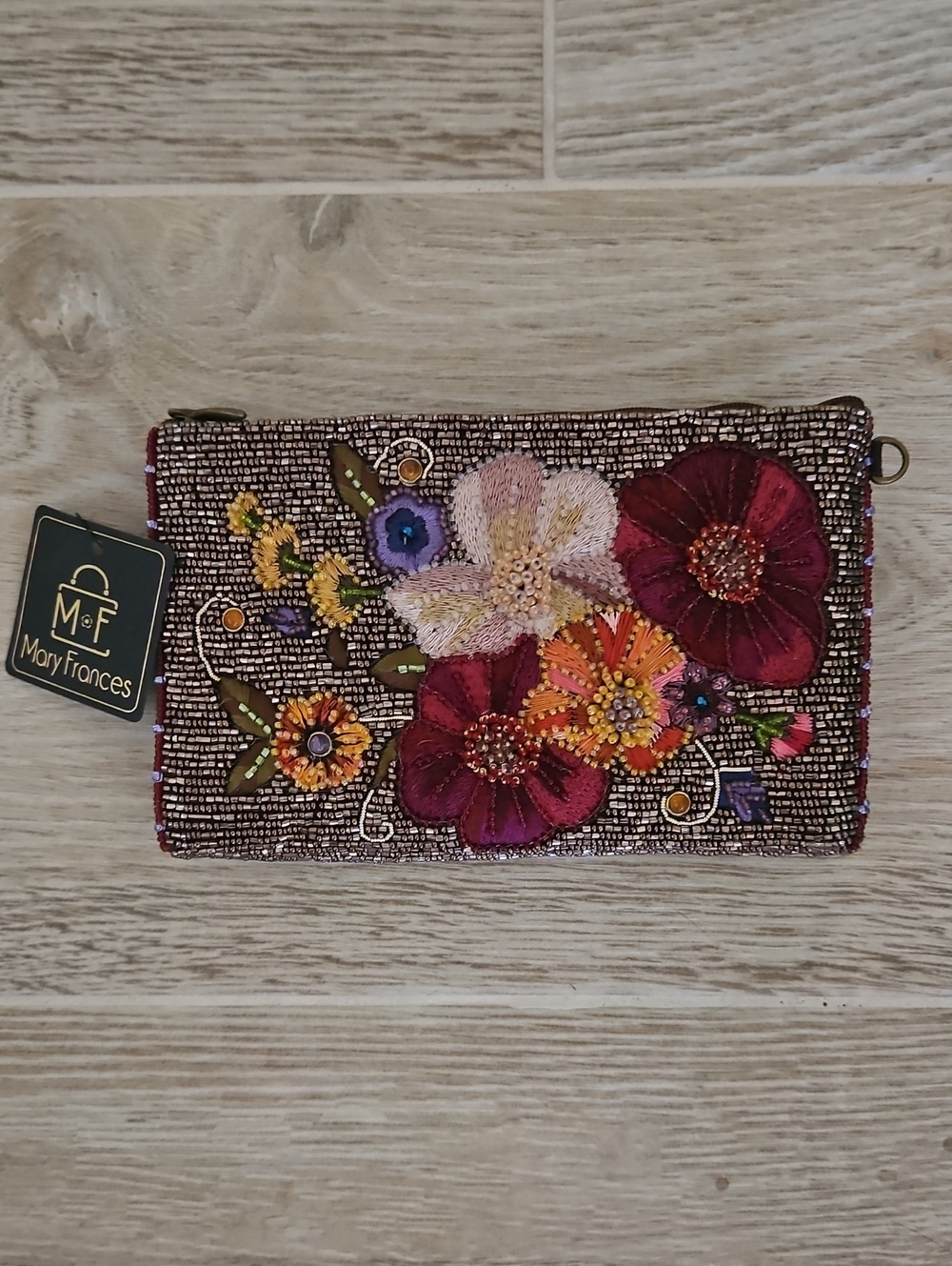 Mary Frances Floral Beaded Clutch in Burgundy, Pink, Gold and Purple